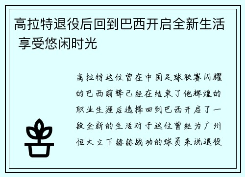 高拉特退役后回到巴西开启全新生活 享受悠闲时光 高拉特退役后回到巴西开启全新生活 享受悠闲时光