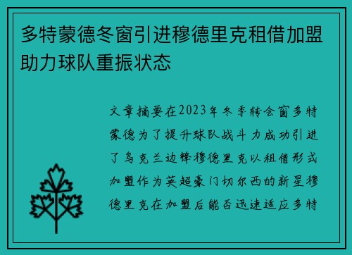 多特蒙德冬窗引进穆德里克租借加盟助力球队重振状态