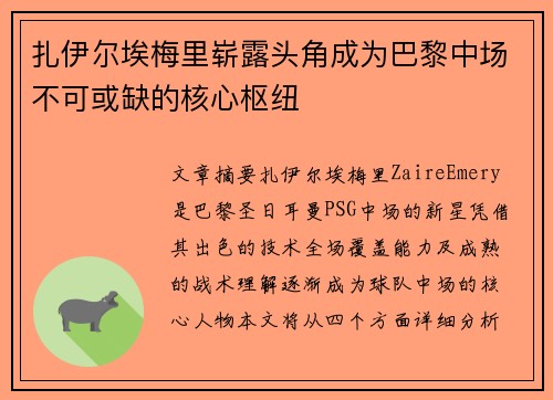 扎伊尔埃梅里崭露头角成为巴黎中场不可或缺的核心枢纽